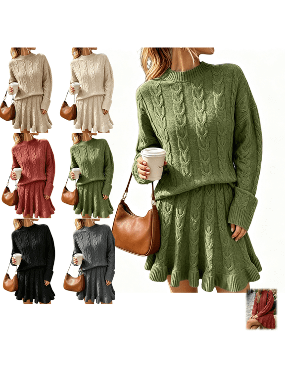 Womens Cable Knit 2 Piece Outfit Set, Mock Neck Long Sleeve Sweater Top & Ruffle Hem Mini Skirt, Loose Fall Winter Coordinated Sweater Suit