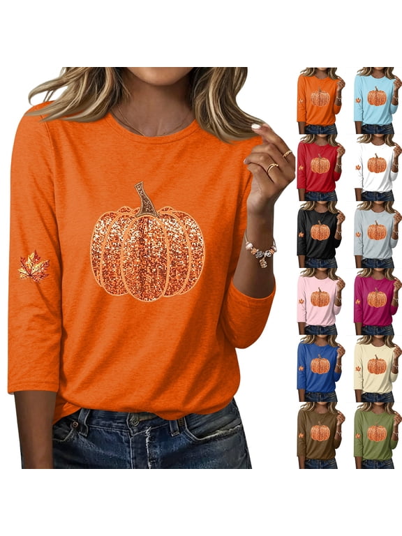 Womens Fall 3/4 Sleeve Shirt, Glitter Pumpkin Graphic Maple Leaf Sleeve Crewneck Top Casual Halloween Thanksgiving Blouse Tee