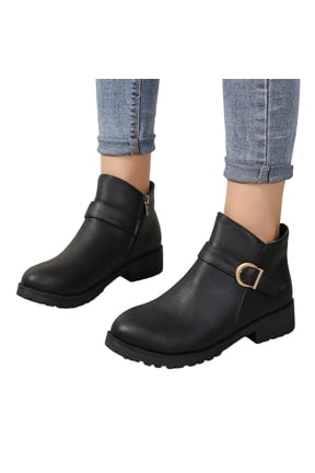 Womens Faux Leather Ankle Boots Side Zipper Low Chunky Heel Chelsea Booties Round Toe Short Boots with Buckle Strap Classic WesternNon Slip Casual Walking Booties