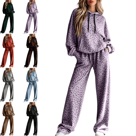 LRGSHF Womens Two Piece Outfits Leopard Print Long Sleeve Hoodie and Wide Leg Pants Set Loungewear