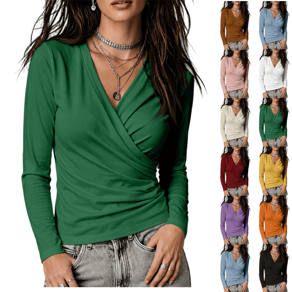 LRGSHF Wrap Top for Women V Neck Long Sleeve Ruched Top Casual Tee Shirt