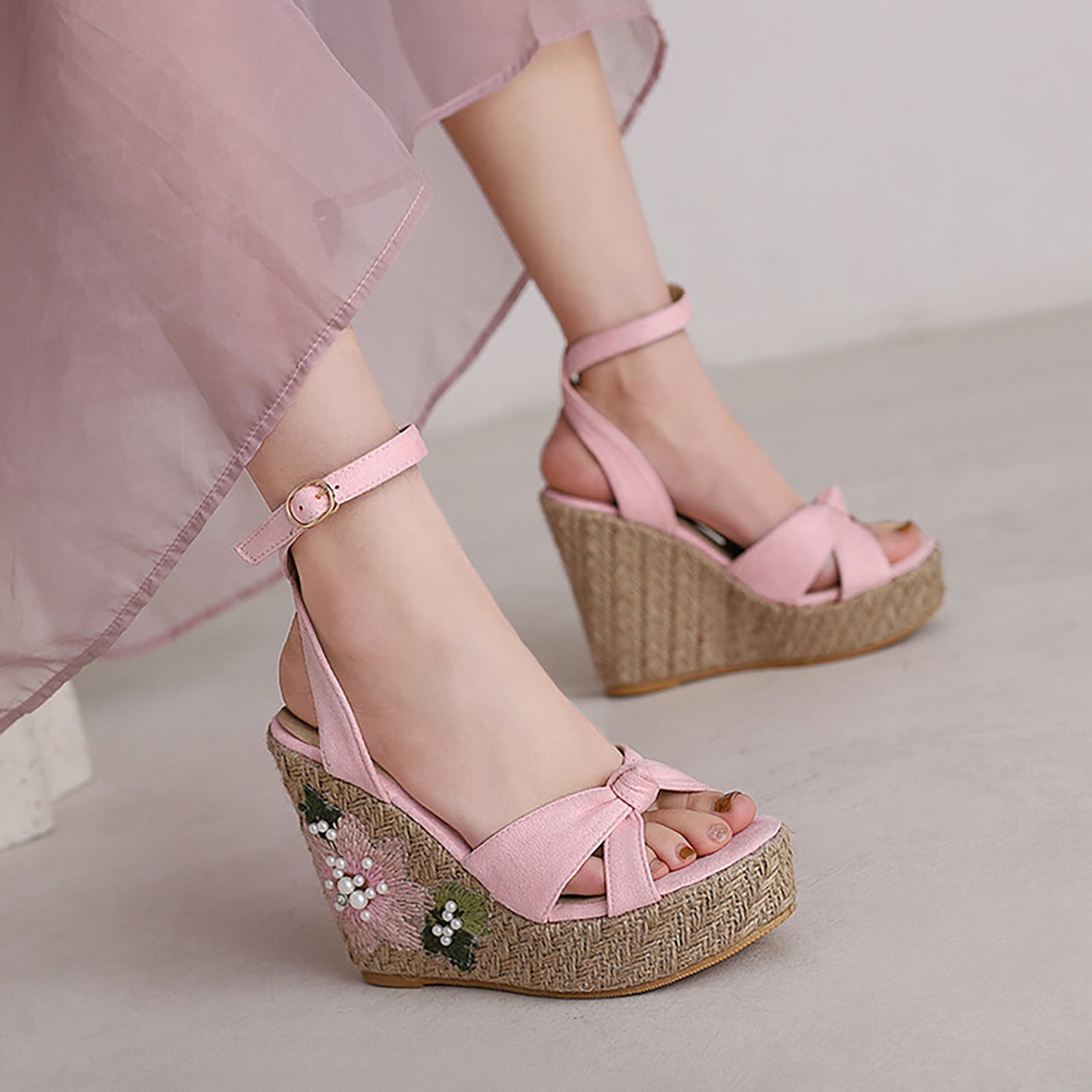 Lrjteng 2024 Summer New Korean Edition Slope Heel Sandals Imitation Grass Weaving Thick Sole 6419