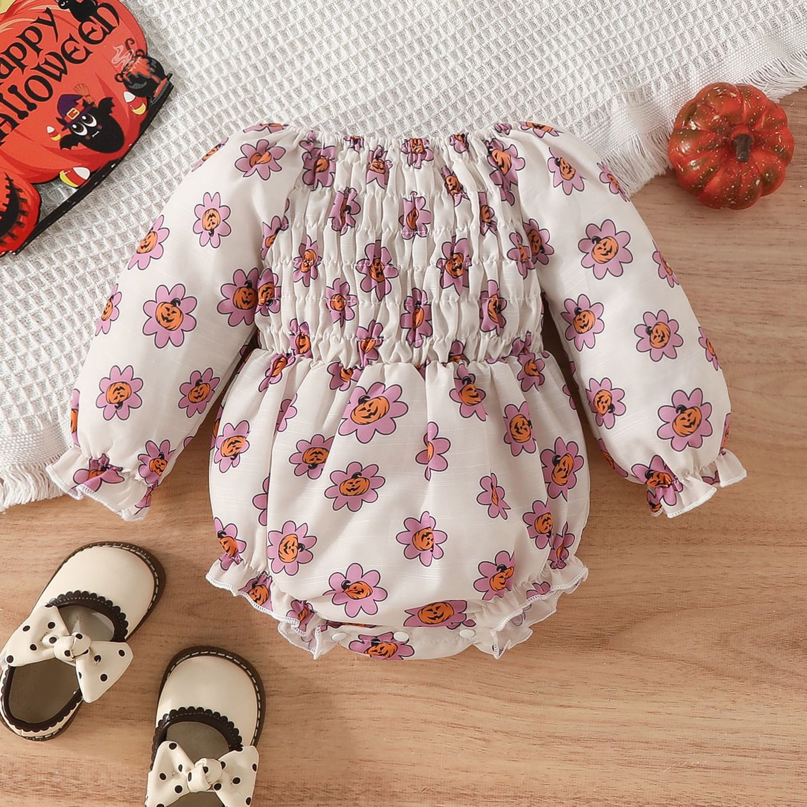 LRJTENG Halloween Baby Girl Clothes Pumpkin Print Off Shoulder Ruched