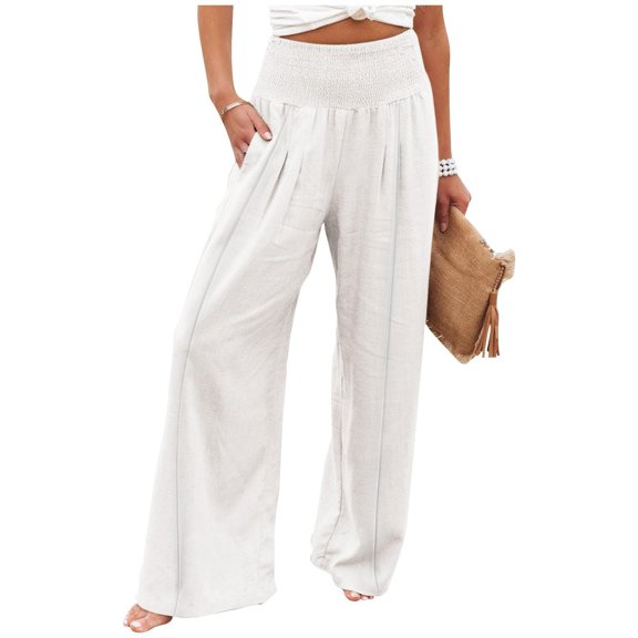 LRJTENG Linen Pants Women Comfy Flowy Wide Leg Pants Summer Baggy High Waisted Palazzo Beach Pants Trousers with Pockets