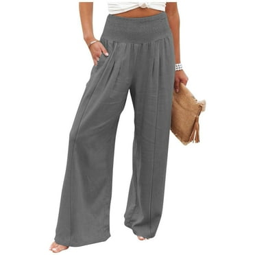 LRJTENG Linen Pants Women Comfy Flowy Wide Leg Pants Summer Baggy High Waisted Palazzo Beach Pants Trousers with Pockets