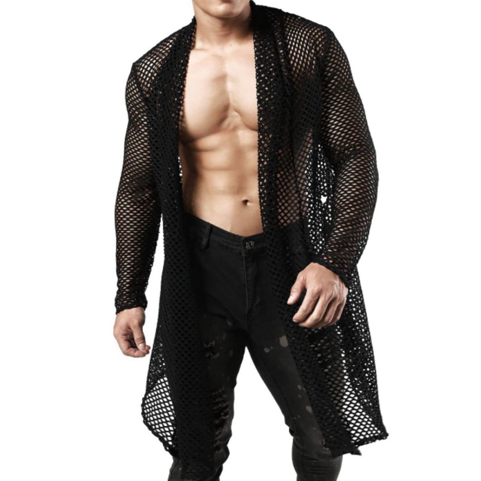 LRJTENG Men's Cardigan Style Male Sex Hollowed Out Long Cardigan Mesh