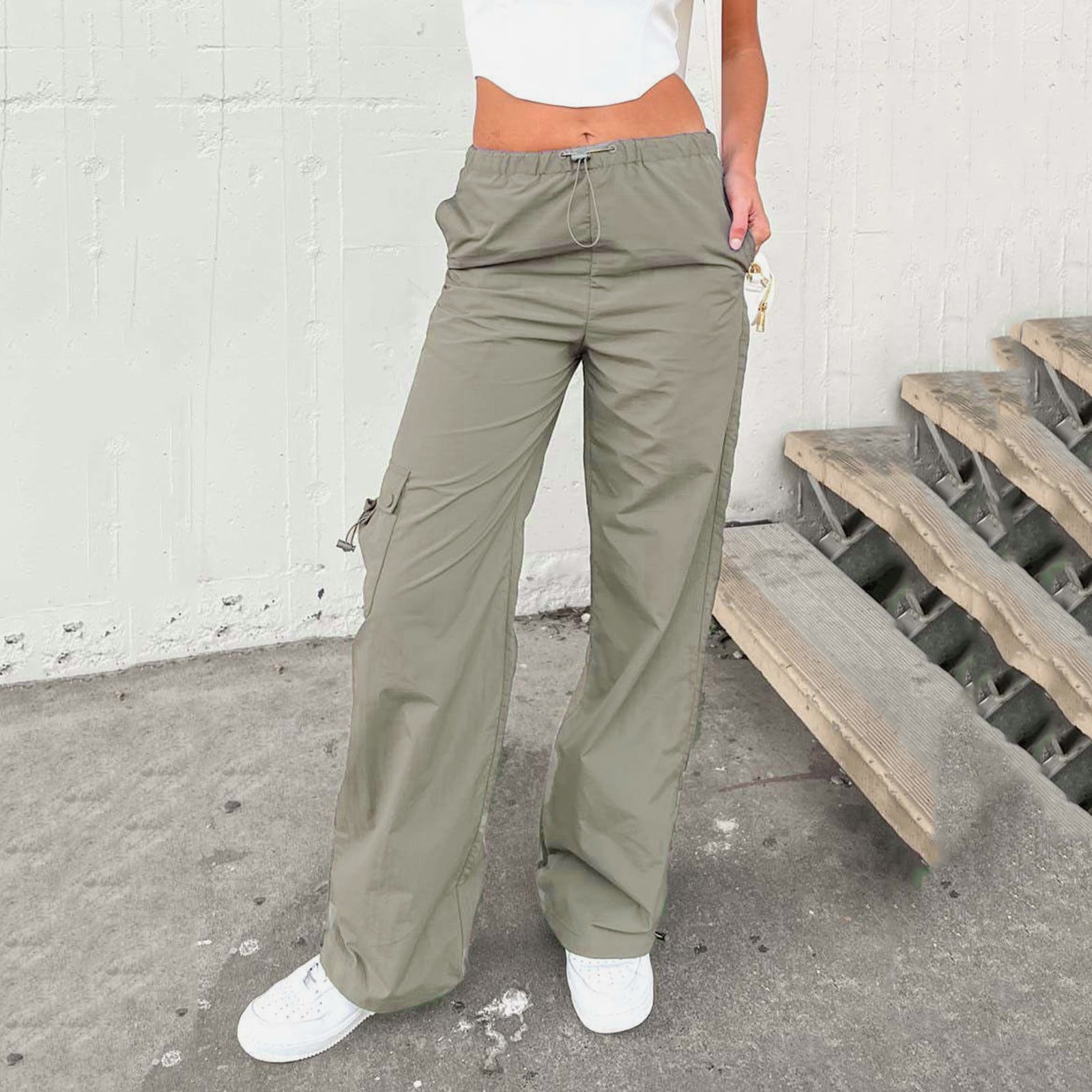 LRJTENG Plus Size Women's Casual Pants High Waist Baggy Cargo Jeans for