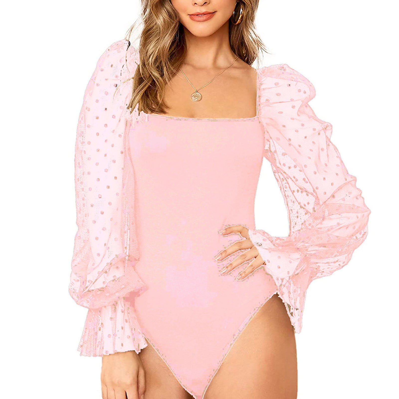 LRJTENG Women's Polka Dots Sheer Dobby Mesh Square Neck Long Sleeve Skinny Shapewear - Walmart.com