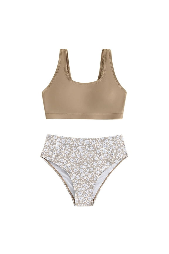 Kids Girl 2-Piece Floral Print High-Waist Bikini Set Swimsuit - Stylish Sport Swimwear for Beach & Pool - Comfortable & Chic Bathing for Active Little Girls, Size 8-9 Years