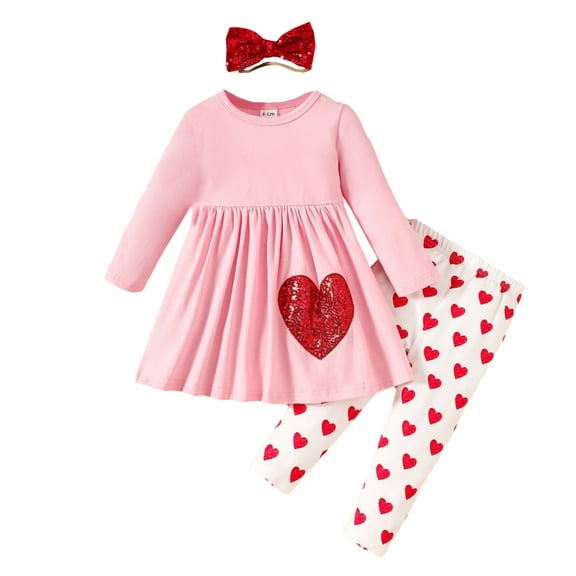 LRKMVD Valentine's Day Toddler Girls Long Sleeve Sequin Print T Shirt Pullover Tops and Heart Prints Pants Headbands Outfits, 3 Piece, Size 3-4 Years