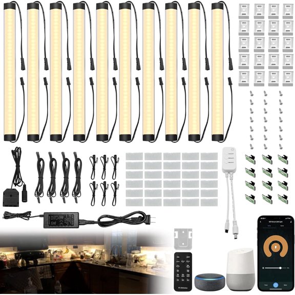 Under Cabinet Lights Kit, LED Smart Dimmable Strip Lighting Fixtures, 24V Plug in Linkable Bar LED Counter Lights for Pantry, Kitchen, Shelf, Bookcases, Showcase (10 PCS, Warm White)