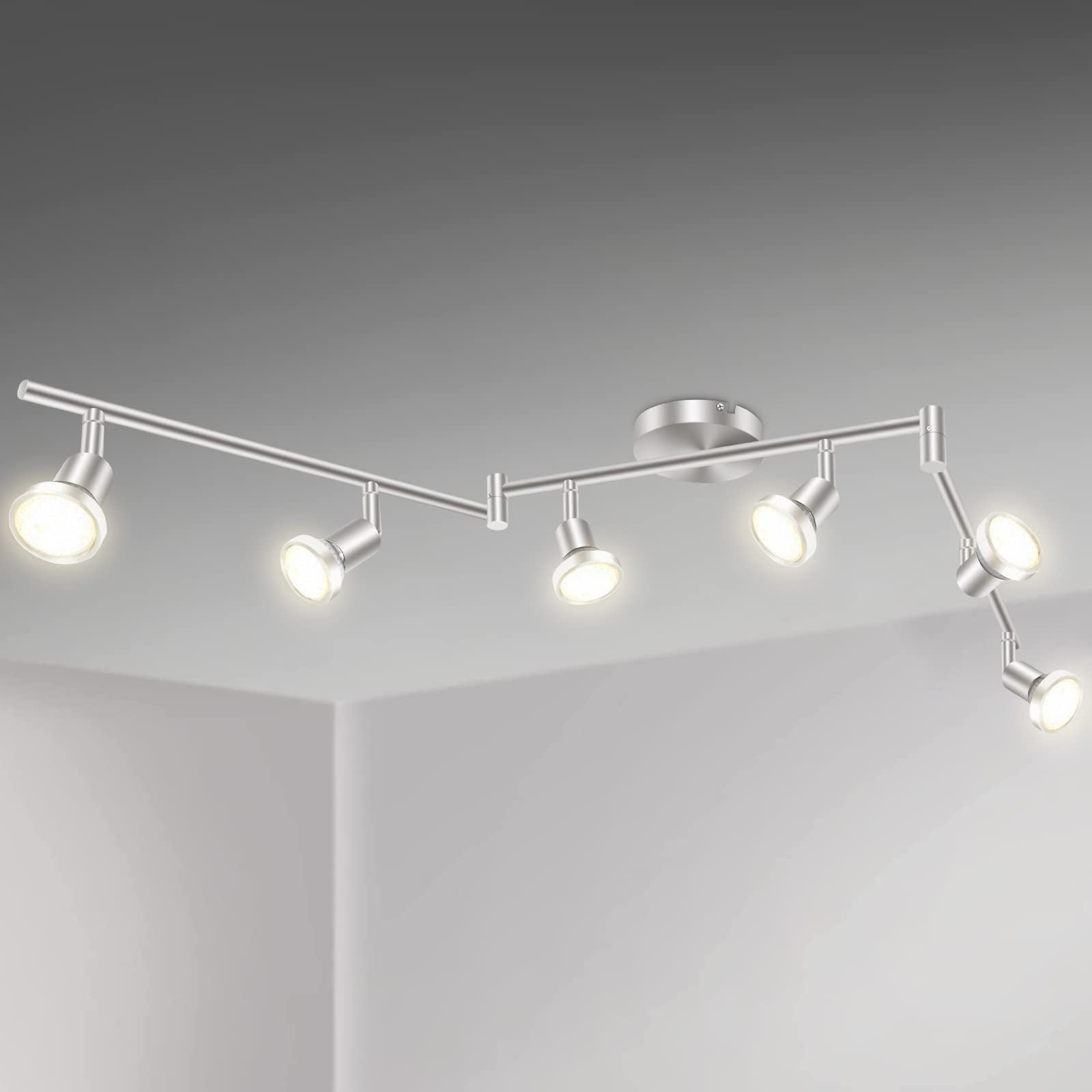 Rotatable LED Ceiling Light with 6 Way Spot Lights - Flexible Nickel Finish Ceiling Lights for Bedroom and Living Room, Protective Bulb Trims (GU10 Bulbs Not Included)