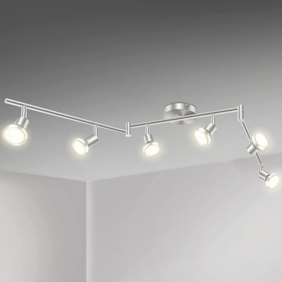 Rotatable LED Ceiling Light with 6 Way Spot Lights - Flexible Nickel Finish Ceiling Lights for Bedroom and Living Room, Protective Bulb Trims (GU10 Bulbs Not Included)