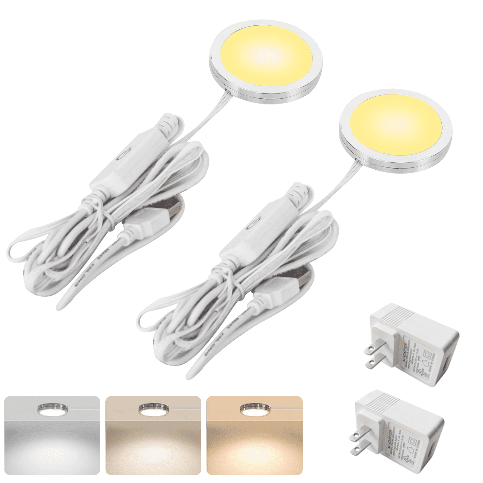 Under Cabinet Puck Light, 2 Pack 5V USB Closet Light with Plug in,3 Color  Temperature - Walmart.com, image size:1600x1600