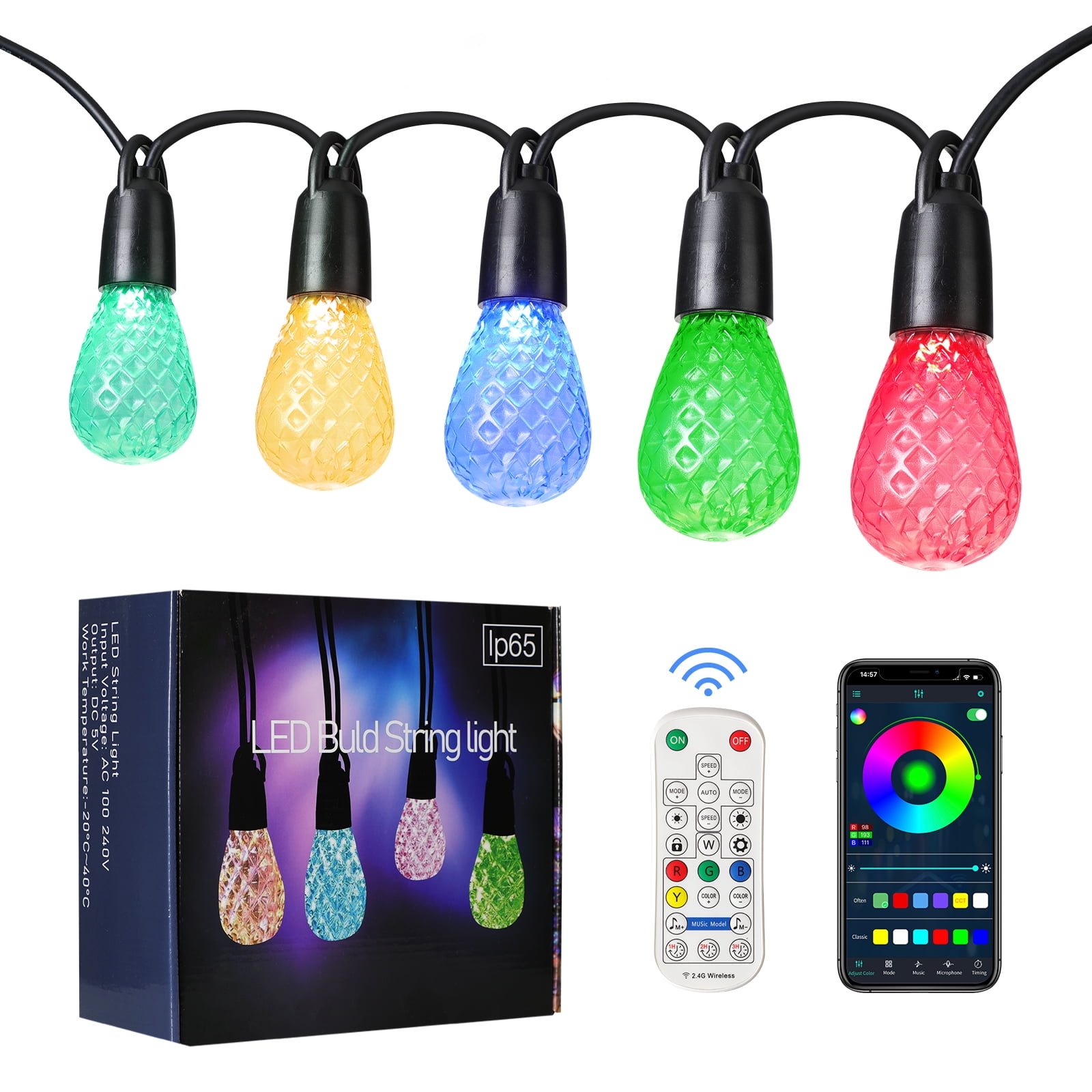 LRLITE outdoor String Lights, RGB Patio Lights with Remote, APP Control Color Changing Lights