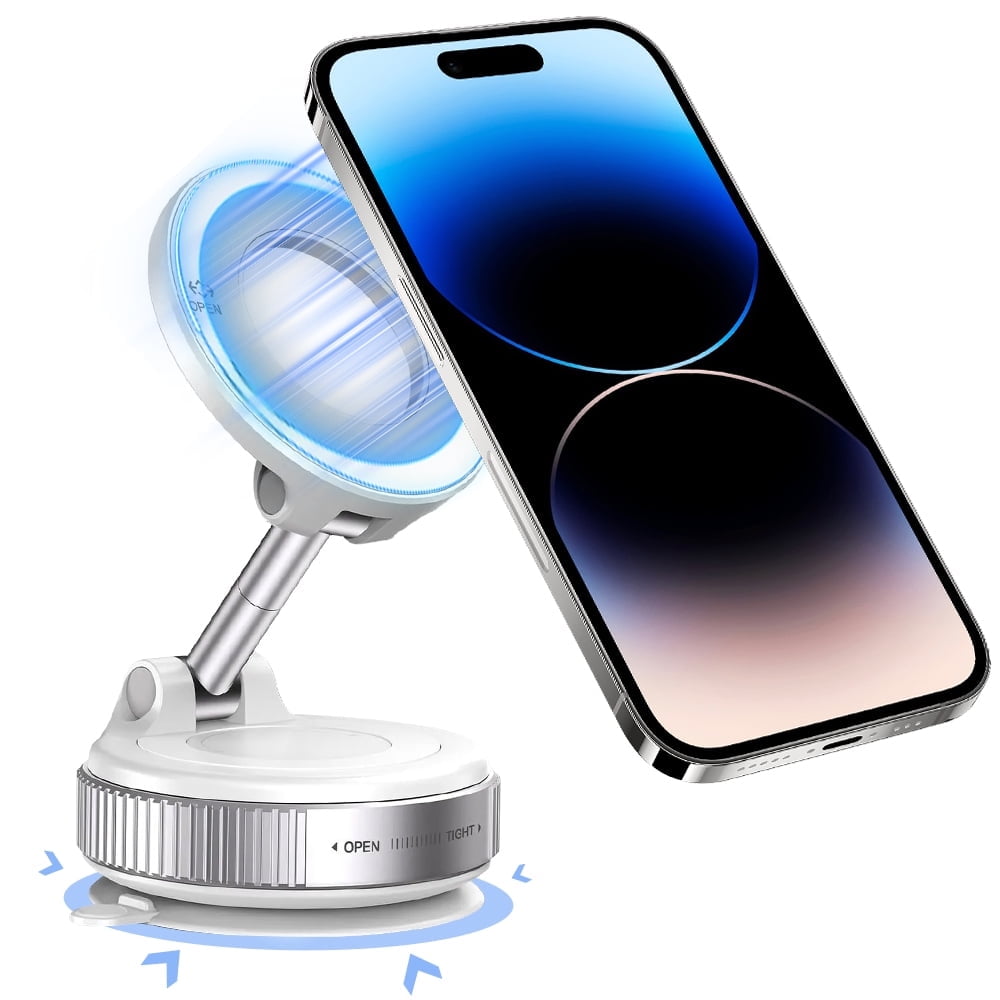 LRSE Magnetic Car Phone Holder, Vacuum Adsorption Car Mount, 360° Rotatable and Foldable, for Car Window, Car Screen and Mirror,for All Cell Phones and Car Models,White