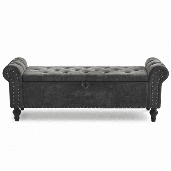 LRUNE 55 Inch Storage Bench for Bedroom, Upholstered Ottoman Bench with Chenille Fabric, Dark Gray