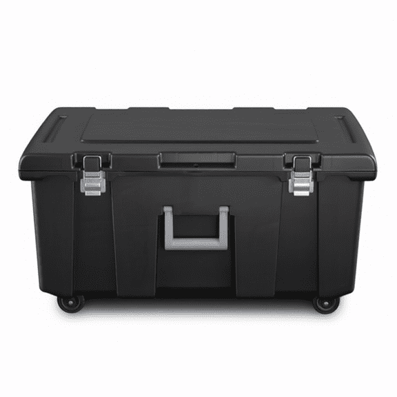 LRUNE Stackable Rolling Storage Bin with Latching Lid, Wheels and Handle, Heavy-Duty Plastic Footlocker for Basement Organization, Black, 1-Pack
