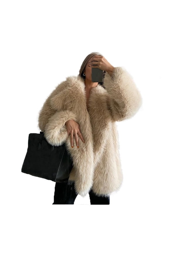 Shaggy Overcoat Outerwear Beige Faux Fur Warm Coat Women's Fashion Puffy Fur Jacket Sweater