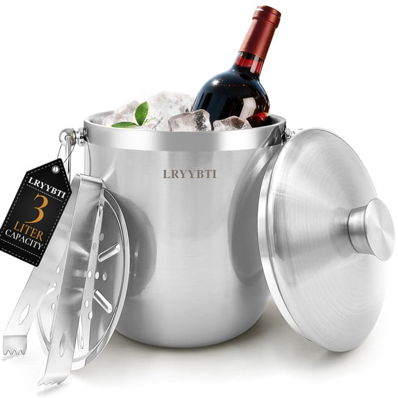 LRYYBTI Ice Bucket with Lid - 3L Double Wall Stainless Steel Ice Bucket Keeps Frozen Longer - Insulated Ice Bucket with Tong and Strainer - Perfect for Parties, Cocktail bar, Wine, Champagne, Silver