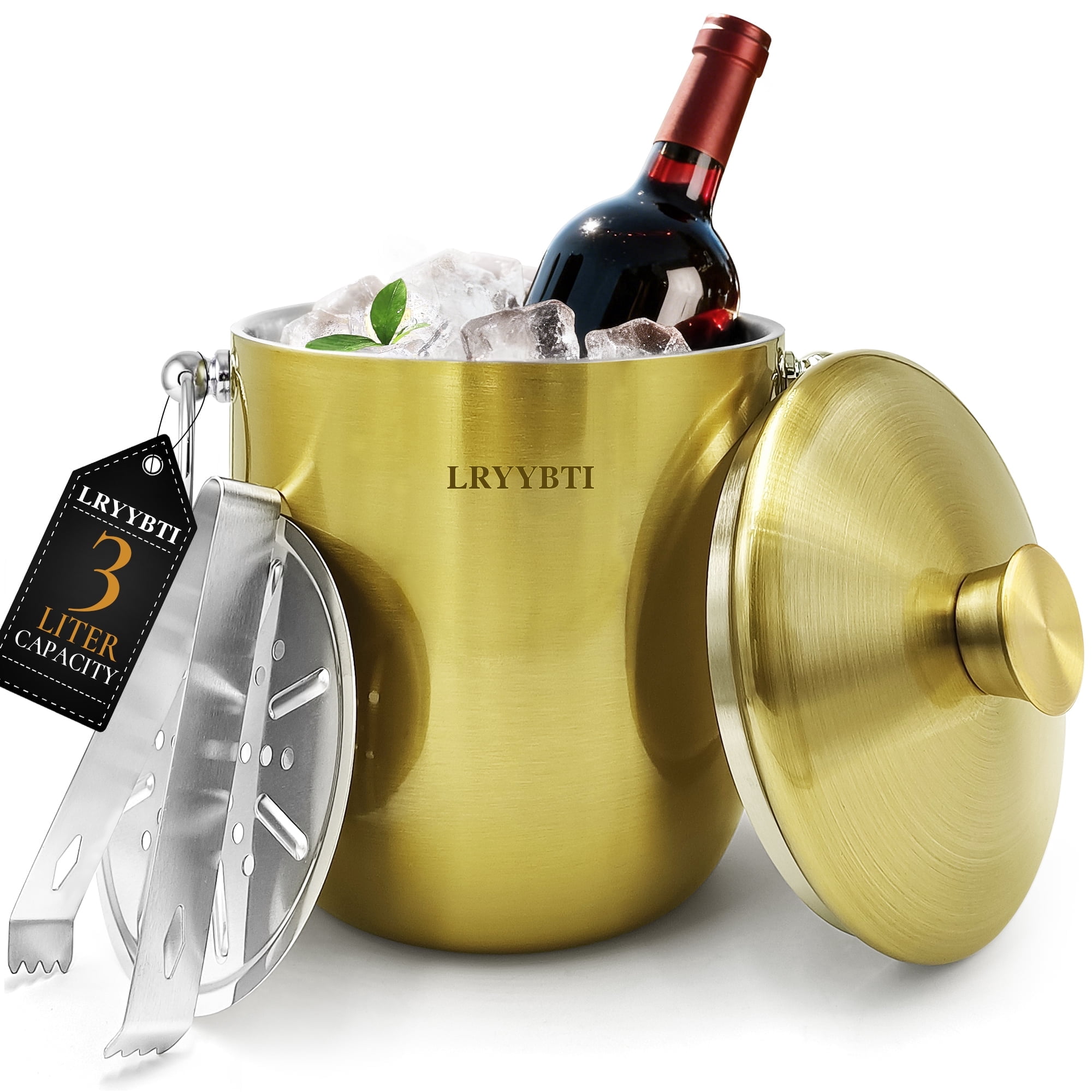 LRYYBTI Ice Bucket with Lid - 3L Double Wall Stainless Steel Ice Bucket Keeps Frozen Longer - Insulated Ice Bucket with Tong and Strainer - Perfect for Parties, Cocktail bar, Wine, Champagne, Gold