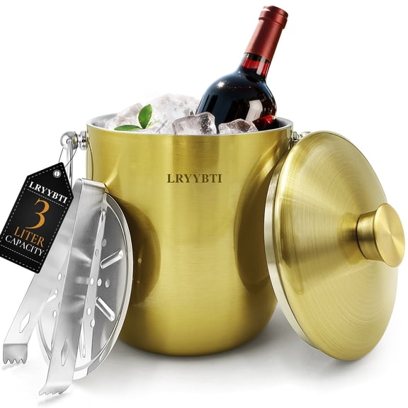 LRYYBTI Ice Bucket with Lid - 3L Double Wall Stainless Steel Ice Bucket Keeps Frozen Longer - Insulated Ice Bucket with Tong and Strainer - Perfect for Parties, Cocktail bar, Wine, Champagne, Gold