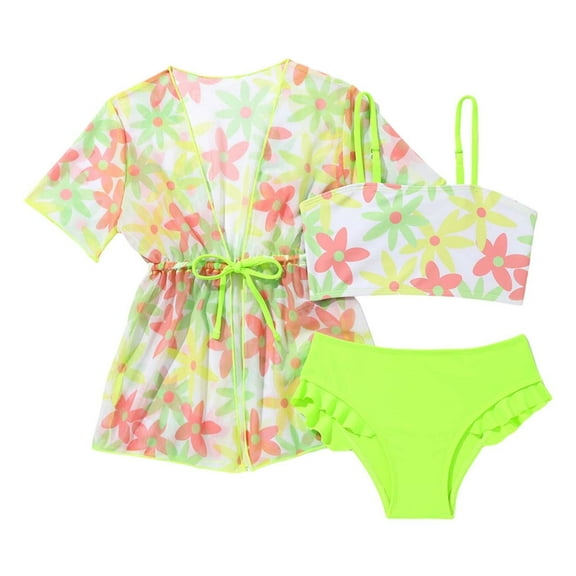 LRen 3t Bathing Suit Girl 3pcs Ruffles Beach Swimwear for Kids Girls Cute Funny Summer Rash Guard Swimsuits Girls Beach Swimwear Tankini Beach Swimwear Set