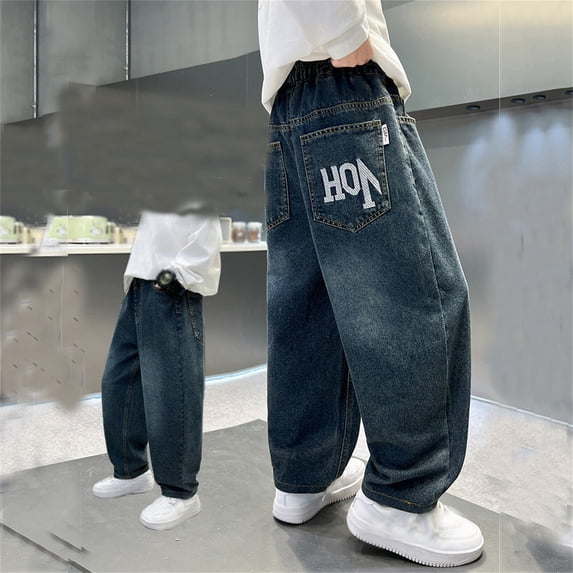 LRen 4t Jeans Boys High Waisted Stretch Elastic Waist Casual Demin Pants Boy Casual Baggy Fashion Long Trousers Streetwear with Pockets,Dark Blue,5-6 Years