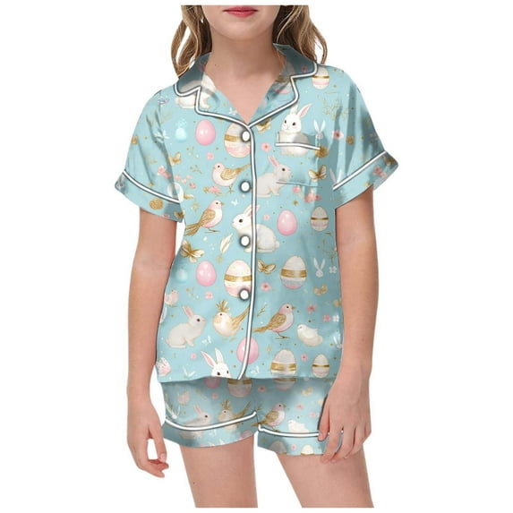 LRen Baby Girl Easter Outfits Cartoon Bunny Short Sleeved Silk Casual Silk Button Front Collared Easter 2 Piece Easter Gifts for Boys