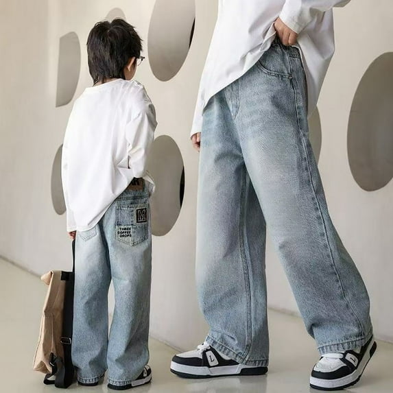LRen Baggy Jeans Boys High Waisted Straight Leg Wide Leg Jeans Boys Loose Casual Baggy Fashion Trousers Streetwear with Pockets,Light Blue,5-6 Years