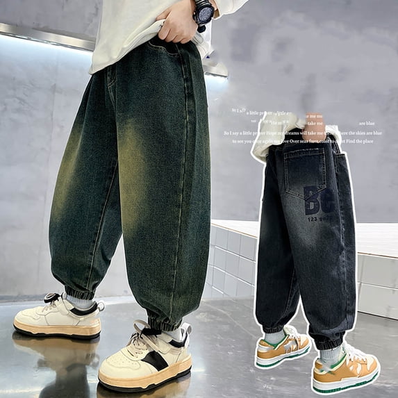 LRen Baggy Jeans Boys High Waisted Vintage Straight Leg Wide Leg Jeans Boys Casual Baggy Fashion Trousers Streetwear with Pockets,Black,11-12 Years