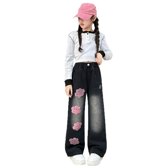 LRen Black Jeans for Girls Ripped Plain Color Denim Pants for Girls Tall Teen Cargo Pants Waistband Stretchy Straight with Pockets,170,D-Black
