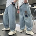 thumbnail image 1 of LRen Blue Jeans for Boys High Waisted Solid Color Wide Leg Denim Pants Boy Casual Baggy Fashion Trousers Streetwear with Pockets,Blue,7-8 Years, 1 of 7