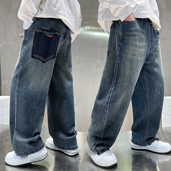 LRen Boot Cut Jeans for Men High Waisted Plain Baggy Jeans Boy Lightweight Soft Comfy Fashion Long Trousers Streetwear with Pockets,Blue,11-12 Years