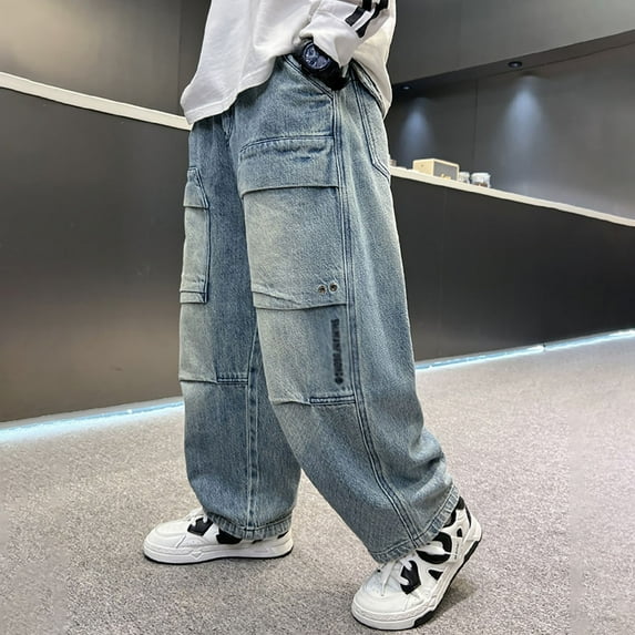 LRen Boy Jeans Size 14-16 High Waisted Solid Color Baggy Jeans Boys Loose Casual Baggy Fashion Long Trousers Streetwear with Pockets,Blue,7-8 Years