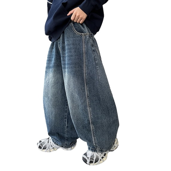 LRen Boys Denim Jeans Size 7 Elastic Waist Pull-On Wide Leg Denim Pants Comfy Plain Casual Pants Back To School Clothes