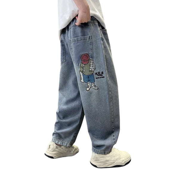 LRen Boys Jeans Size 6 High Waisted Pull On Baggy Demin Jeans Comfy Solid Color Jogger Streetwear Pants Girls Back To School Clothes