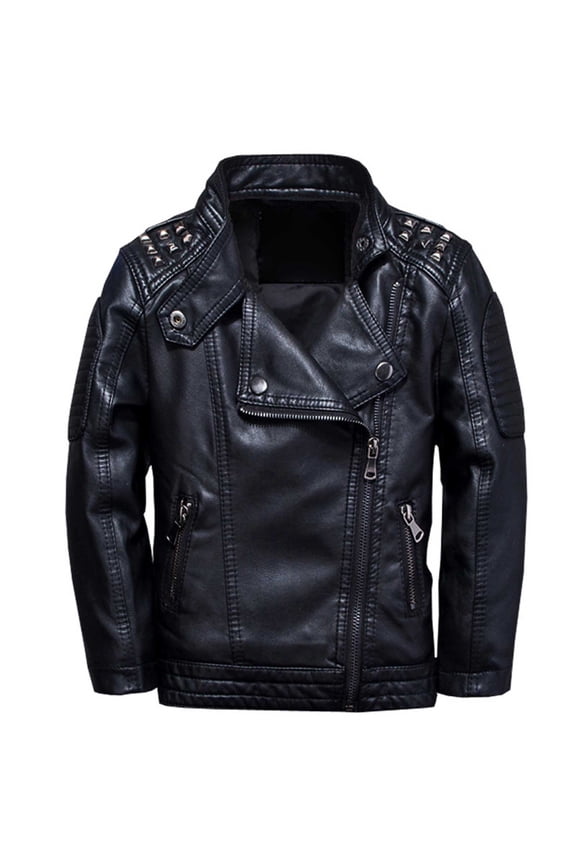 Boys Leather Jackets New Spring Children Collar Motorcycle Faux Leather Zipper Coats,7-8 Years,A-Black