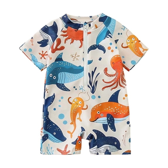 LRen Boys One Piece Swimsuit Toddler Swimwear Rash Guard Suits Short Sleeve Zipper Bathing Suit Beach UPF 50+ with Hat,Orange,12-18 Months