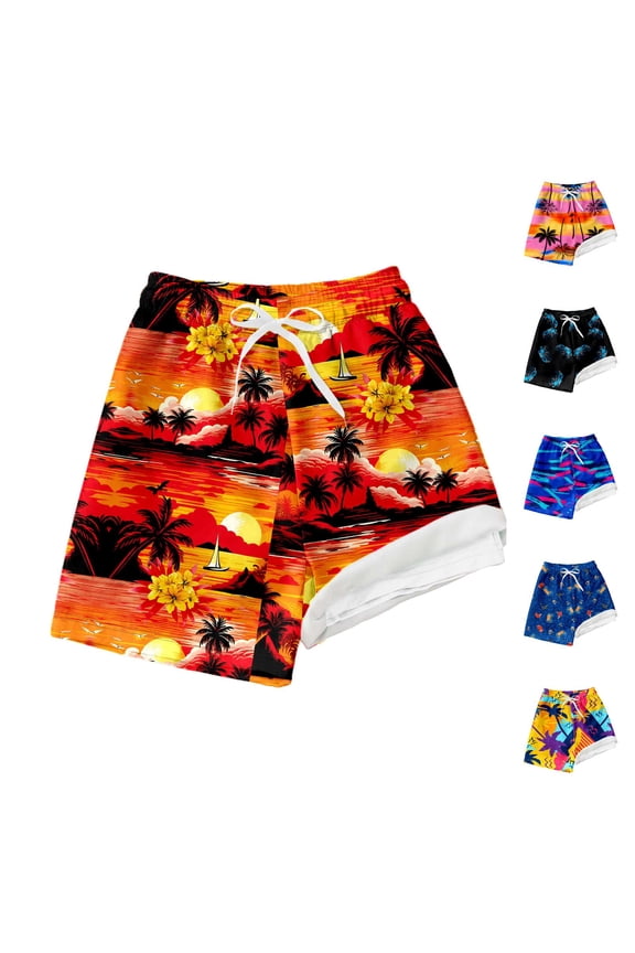 Boys Swim Trunks with Compression Liner Boys Swim Suits Boxer Brief Drawstring Stretch Summer Beach Shorts