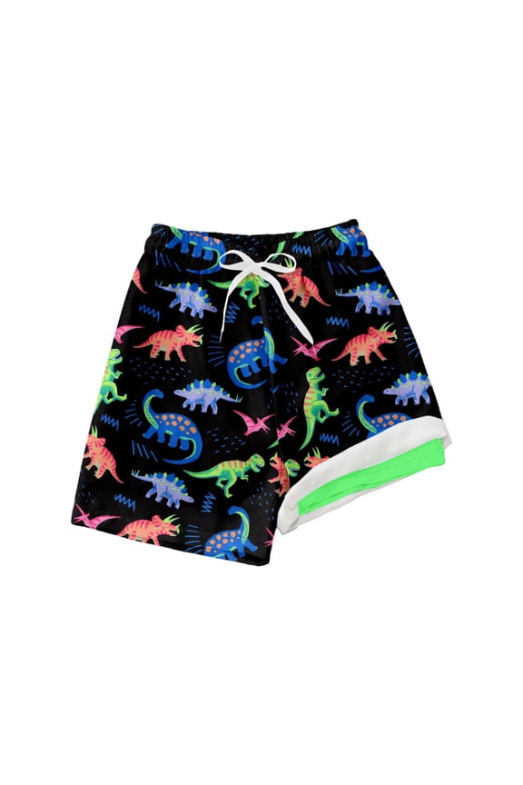Boys Swim Trunks with Compression Liner ,Boys Swim Trunks With Cartoon Dinosaur Print Beach Shorts for Kids Summer Water Play