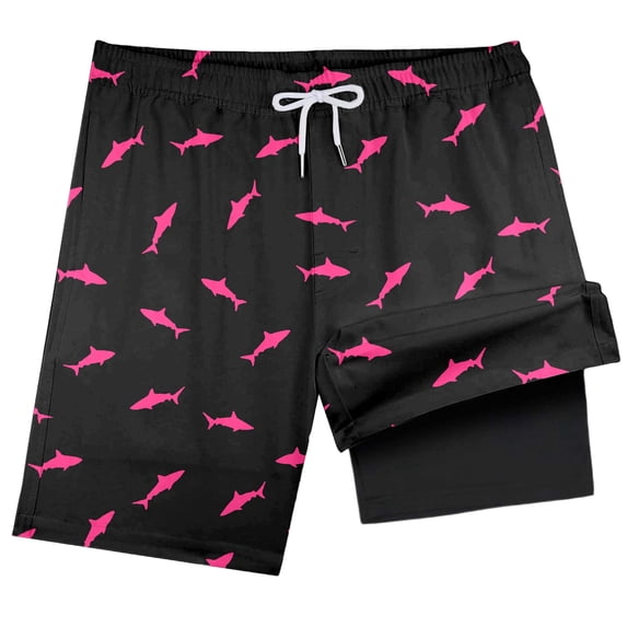 LRen Boys Swim Trunks with Compression Liner, High Stretch Drawstring Swim Shorts with Prints Soft Boys Swimsuits for Beach Pool 5-16Y