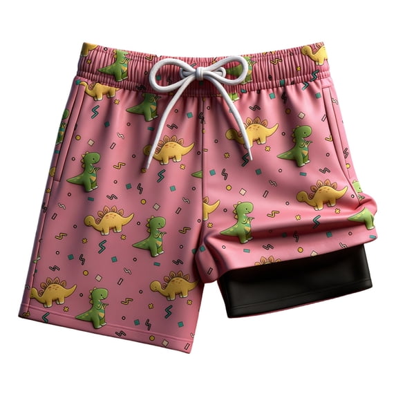 LRen Boys Swim Trunks with Compression Liner, High Stretch Drawstring Swim Shorts with Prints Soft Boys Swimsuits for Beach Pool 5-16Y