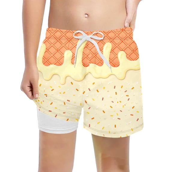 LRen Boys Swim Trunks with Compression Liner Kids Quick Dry Bathing Suit Boy Ice Cream Baseball Summer Swim Shorts