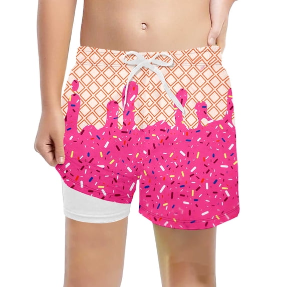 LRen Boys Swim Trunks with Compression Liner Kids Quick Dry Bathing Suit Boy Ice Cream Baseball Summer Swim Shorts