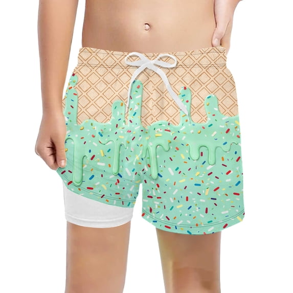 LRen Boys Swim Trunks with Compression Liner Kids Quick Dry Bathing Suit Boy Ice Cream Baseball Summer Swim Shorts