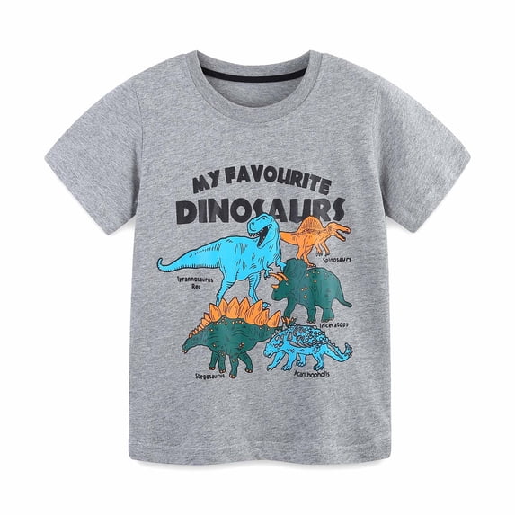 LRen Boys Truck Dinosaur Toddler Kids T-Shirt Short Sleeve Crewneck Tee Shirts for Everyday Wear, School 1-7 Years Grey
