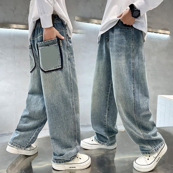 LRen Boys Wide Leg Jeans Size 14-16 High Waisted Vintage Straight Leg Wide Leg Denim Pants Boy Loose Fit Classic Fashion Trousers Streetwear with Pockets,Light Blue,9-10 Years