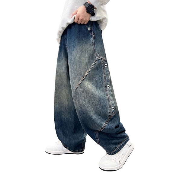 LRen Boys Wide Leg Jeans Size 8 Kids Baggy Wide Leg Elastic Waist Denim Pants Loose Fit Trousers Y2K Streetwear Back To School Pant