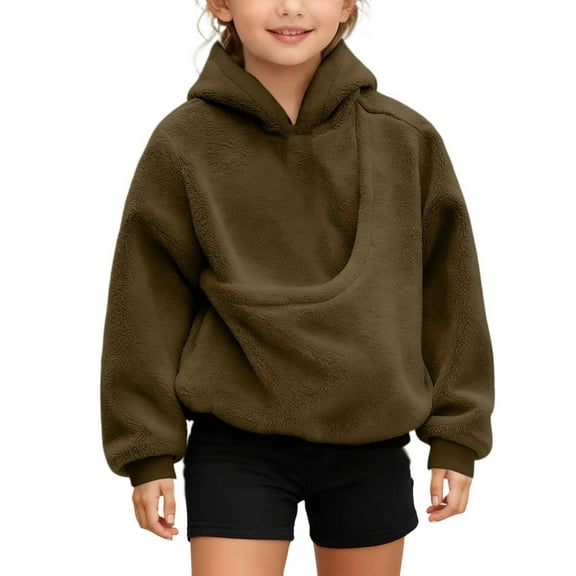 LRen Cat Holder Hoodie for Girl Fuzzy Fleece Hoodies Casual Sweatshirt Sherpa Pullover with Kangaroo Pockets,7-8 Years,Z3-Army Green